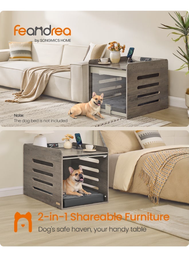 FEANDREA Modern Dog Crate Furniture with Built-in Charging Station - Indoor Wooden Kennel & Side Table with Flip-up Acrylic Door - For Small & Medium Dogs (Up to 45 lb) - Heather Greige - Image 1